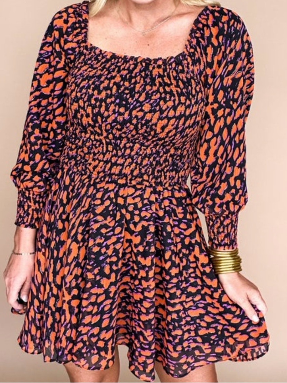 NWT Glam Animal Print Smocked Mini Dress | Size Large | Fall or Game-day Dress
